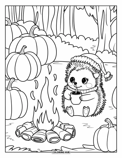 Coloriage d'animaux d'automne pour enfants : Un hérisson avec une écharpe rouge se réchauffe près d'un feu