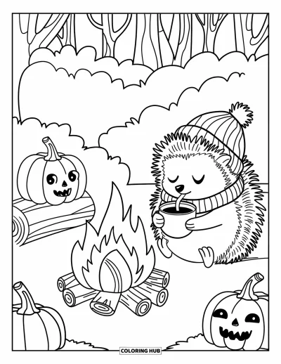 Coloriage d'animaux d'automne pour enfants : Un hérisson chapauté boit un chocolat chaud près de citrouilles sculptées