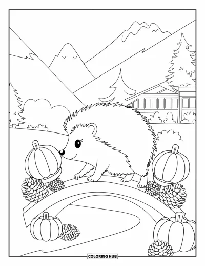 Coloriage d'animaux d'automne pour enfants : Un hérisson en écharpe sur un pont dans les montagnes