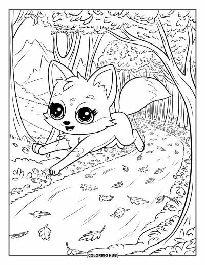 Coloriage d'animaux d'automne pour enfants : Un renard bondissant aux grands yeux sur un sentier couvert de feuilles