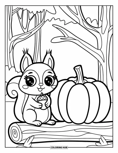 Coloriage d'animaux d'automne pour enfants : Un écureuil assis sur un tronc avec un gland et une citrouille