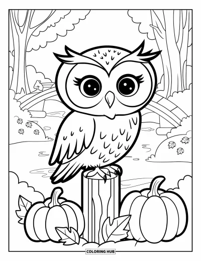 Coloriage d'animaux d'automne pour enfants : Une chouette près de citrouilles avec des arbres et un pont en bois derrière