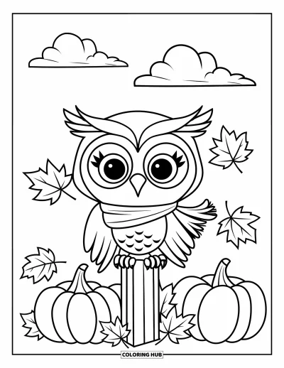 Coloriage d'animaux d'automne pour enfants : Une chouette en écharpe perchée près de citrouilles et de feuilles tourbillonnantes