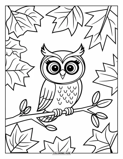 Coloriage d'animaux d'automne pour enfants : Une chouette sur une branche entourée de feuilles joyeuses