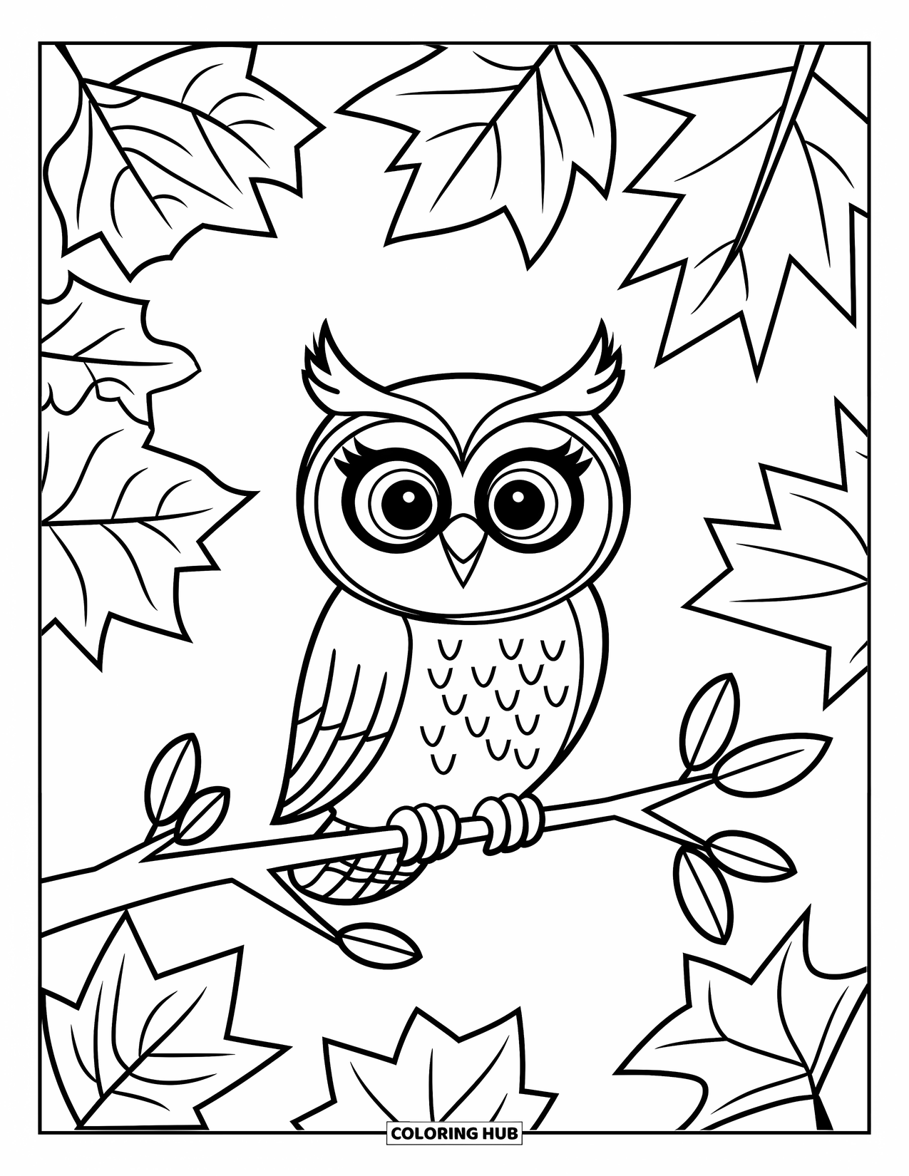 Fall Animal Coloring Page for Kids: Owl on a branch with playful leaves all around