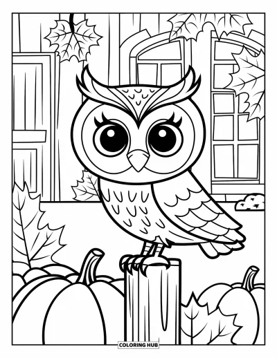 Coloriage d'animaux d'automne pour enfants : Une chouette sur un poteau avec des citrouilles et des nuages moelleux