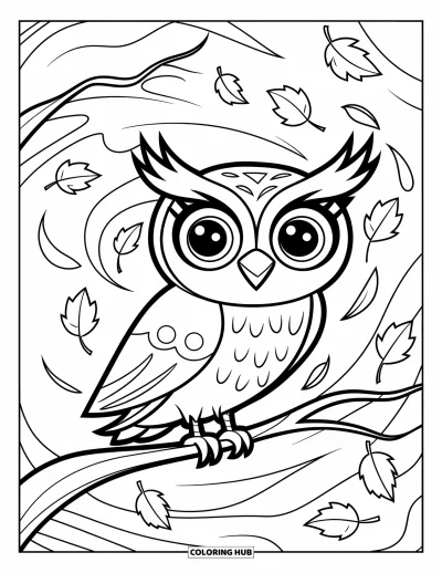 Coloriage d'animaux d'automne pour enfants : Une chouette dans un arbre avec des feuilles tourbillonnantes et le vent d'automne