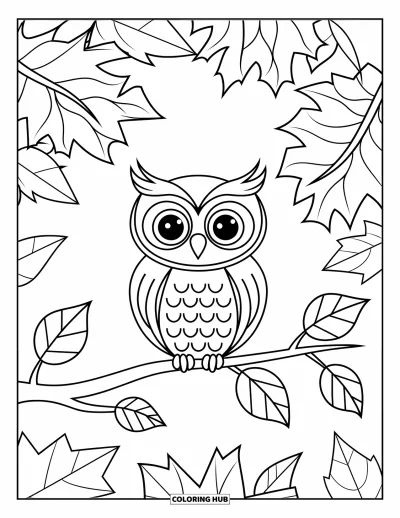 Coloriage d'animaux d'automne pour enfants : Une chouette perchée parmi les feuilles, prête pour des activités préscolaires