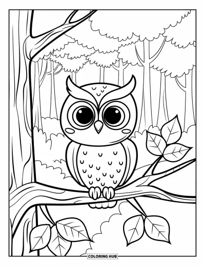 Coloriage d'animaux d'automne pour enfants : Une chouette installée dans une forêt de feuilles et d'arbres