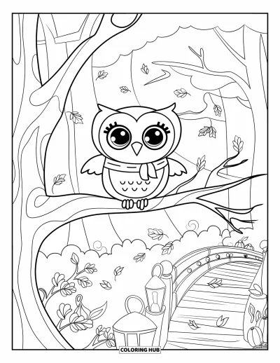 Coloriage d'animaux d'automne pour enfants : Une chouette sur une branche avec des lanternes et des feuilles qui volent