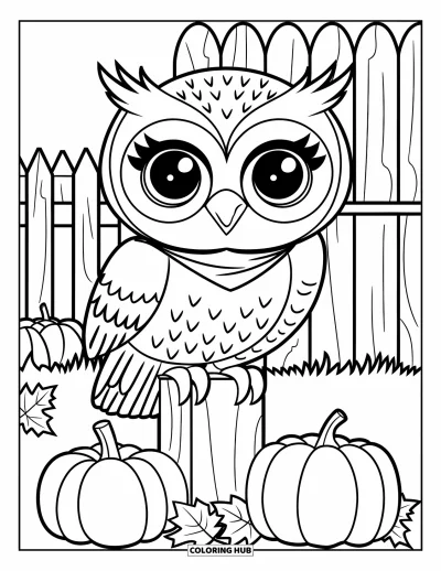 Coloriage d'animaux d'automne pour enfants : Une chouette en écharpe près d'un portail, entourée de citrouilles et de feuilles