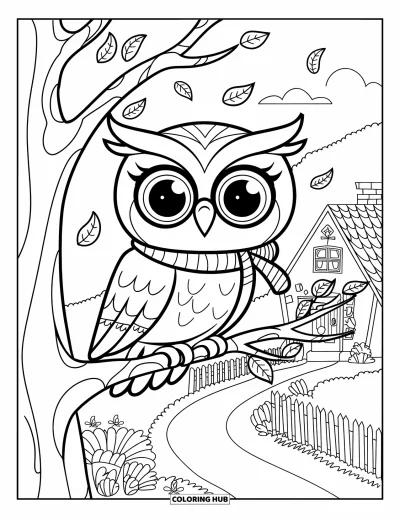 Coloriage d'animaux d'automne pour enfants : Une chouette en écharpe perchée près d'une clôture et d'un cottage douillet