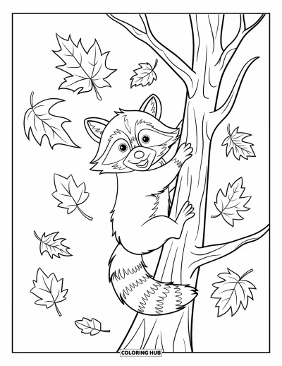 Coloriage d'animaux d'automne pour enfants : Un raton laveur qui grimpe à un arbre avec des feuilles d'automne tourbillonnantes