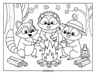 Coloriage d'animaux d'automne pour enfants : Un raton laveur, un hérisson et une chouette grignotent près d'un feu de camp