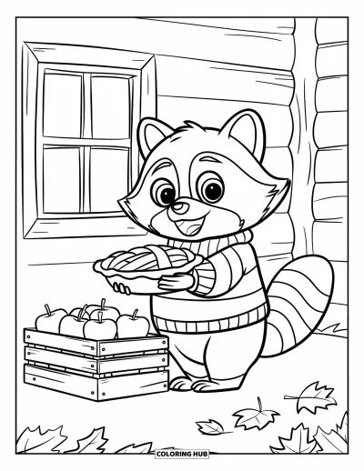 Coloriage d'animaux d'automne pour enfants : Un raton laveur tenant une tarte près d'une caisse de pommes