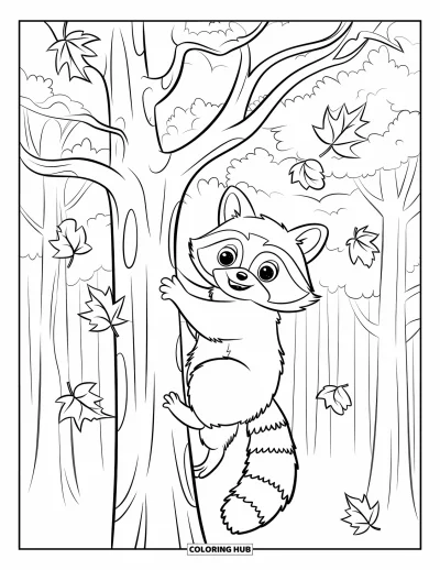 Coloriage d'animaux d'automne pour enfants : Un raton laveur qui tient une branche tandis que des feuilles d'automne flottent alentour