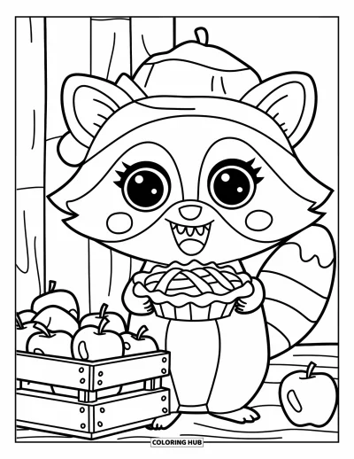 Coloriage d'animaux d'automne pour enfants : Un raton laveur coiffé d'un chapeau sourit près de pommes et d'une tarte