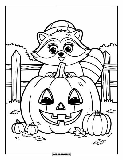 Coloriage d'animaux d'automne pour enfants : Un raton laveur qui passe la tête derrière une citrouille souriante