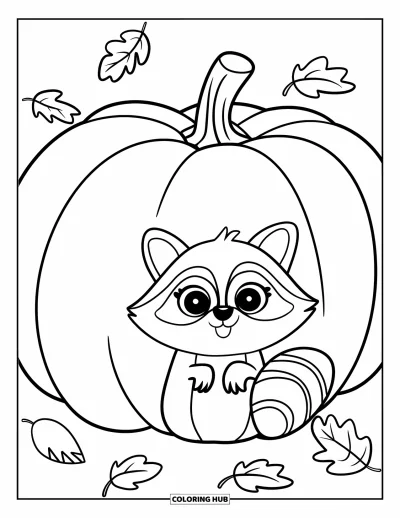 Coloriage d'animaux d'automne pour enfants : Un raton laveur souriant derrière une citrouille dans un jardin feuillé