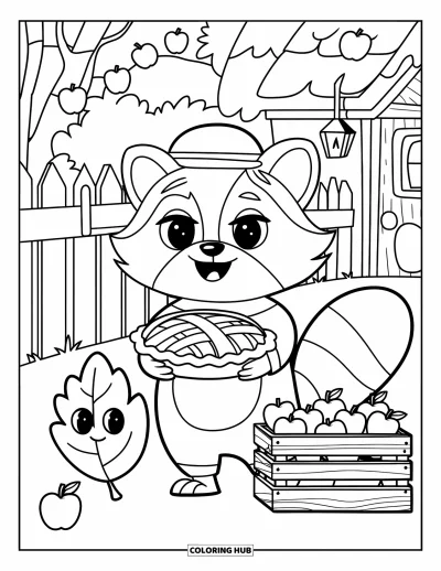 Coloriage d'animaux d'automne pour enfants : Un raton laveur tenant une tarte près d'un joli cottage en bois