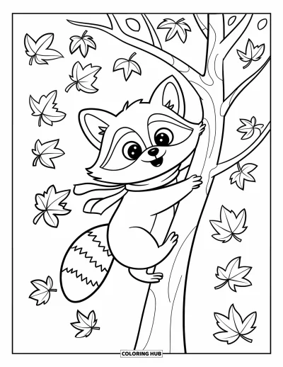 Coloriage d'animaux d'automne pour enfants : Un raton laveur en écharpe qui grimpe tandis que les feuilles tourbillonnent autour de lui