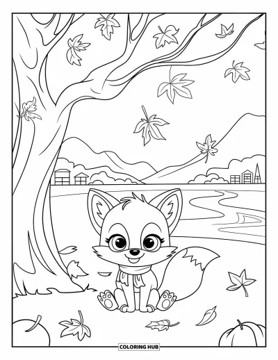 Coloriage d'animaux d'automne pour enfants : Un bébé renard en écharpe assis près des feuilles et d'une rivière calme