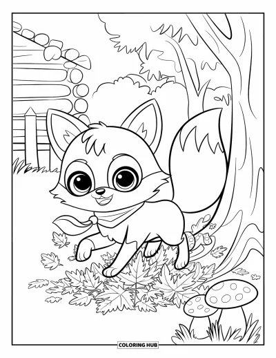 Coloriage d'animaux d'automne pour enfants : Un renard en écharpe qui plonge dans un tas de feuilles craquantes