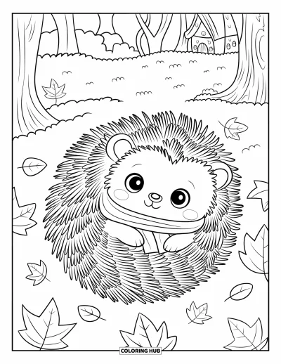 Coloriage d'animaux d'automne pour enfants : Un hérisson en écharpe qui somnole sous des feuilles près d'un cottage