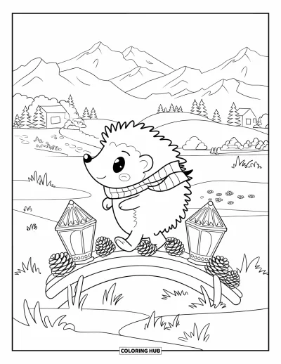 Coloriage d'animaux d'automne pour enfants : Un hérisson en écharpe qui marche près de pommes de pin et d'arbres automnaux