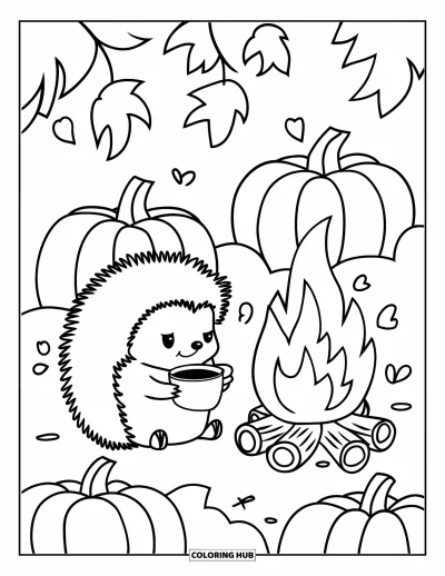 Coloriage d'animaux d'automne pour enfants : Un hérisson en écharpe qui se réchauffe près de citrouilles et d'un feu