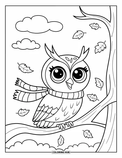 Coloriage d'animaux d'automne pour enfants : Une chouette en écharpe qui regarde les feuilles tournoyer dans la brise