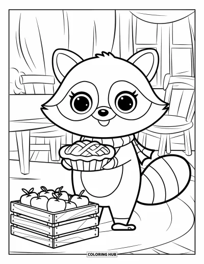 Coloriage d'animaux d'automne pour enfants : Un raton laveur en écharpe près d'une table pleine de douceurs d'automne