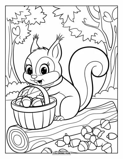 Coloriage d'animaux d'automne pour enfants : Un écureuil en écharpe qui ramasse des glands sous des arbres colorés