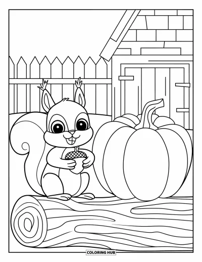 Coloriage d'animaux d'automne pour enfants : Un écureuil assis près d'une citrouille devant une vieille cabane
