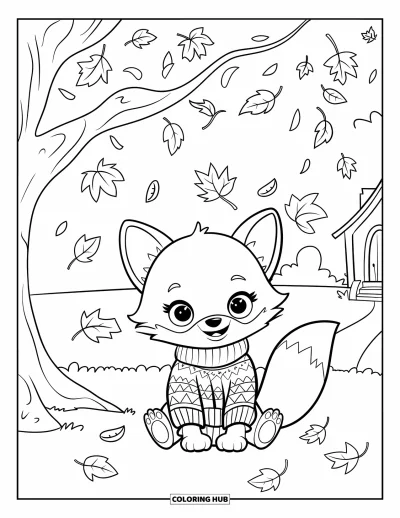 Coloriage d'animaux d'automne pour enfants : Un renard en pull qui se repose sous un arbre près d'une maison