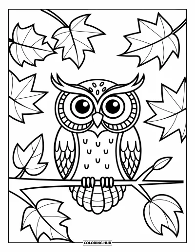 Coloriage d'animaux d'automne pour enfants : Une chouette aux grands yeux perchée avec de grandes feuilles d'automne à proximité