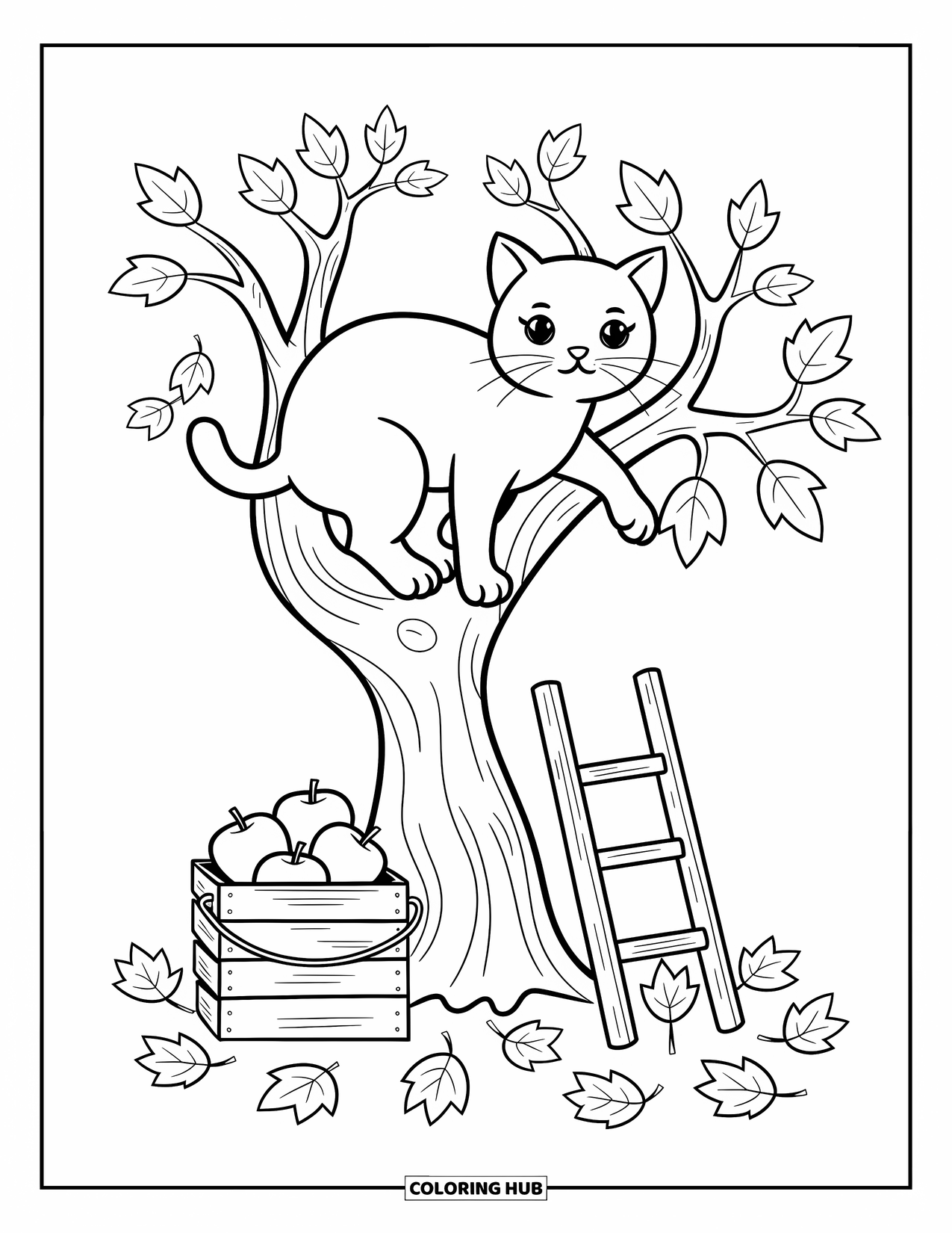Fall Cat Coloring Page for Adults: A cat balances on a crate near apples and a ladder under a low tree