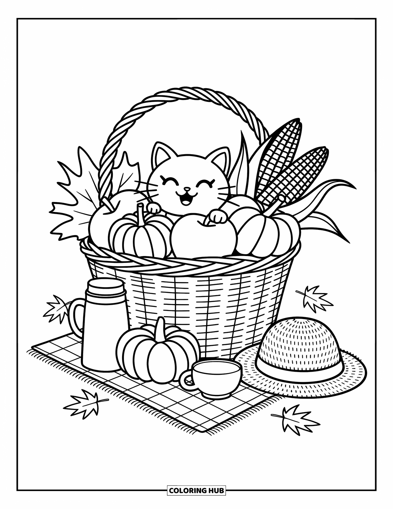 Fall Cat Coloring Page for Adults: A cat hides in a basket of fall harvest goodies with apples, corn, and pumpkins