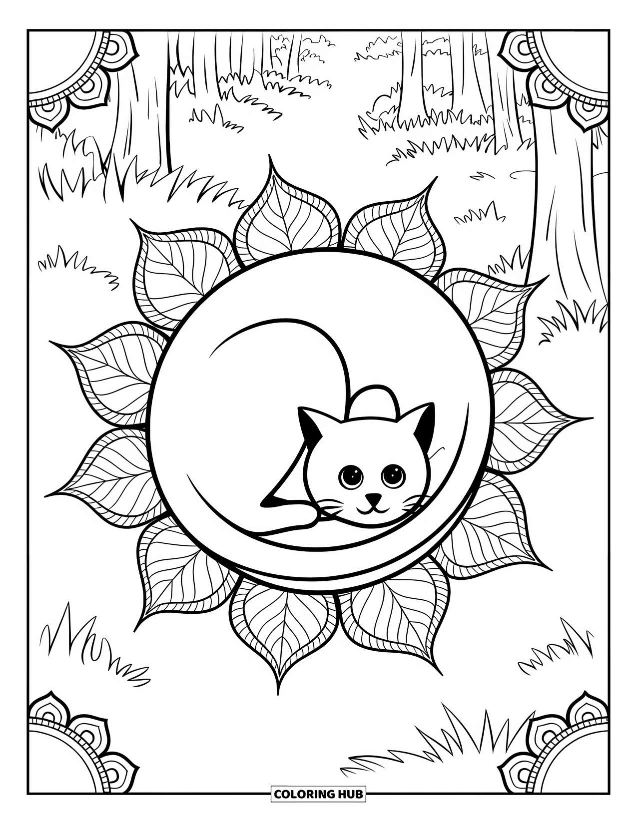 Fall Cat Coloring Page for Adults: A cat naps on a leafy mandala in a quiet forest path