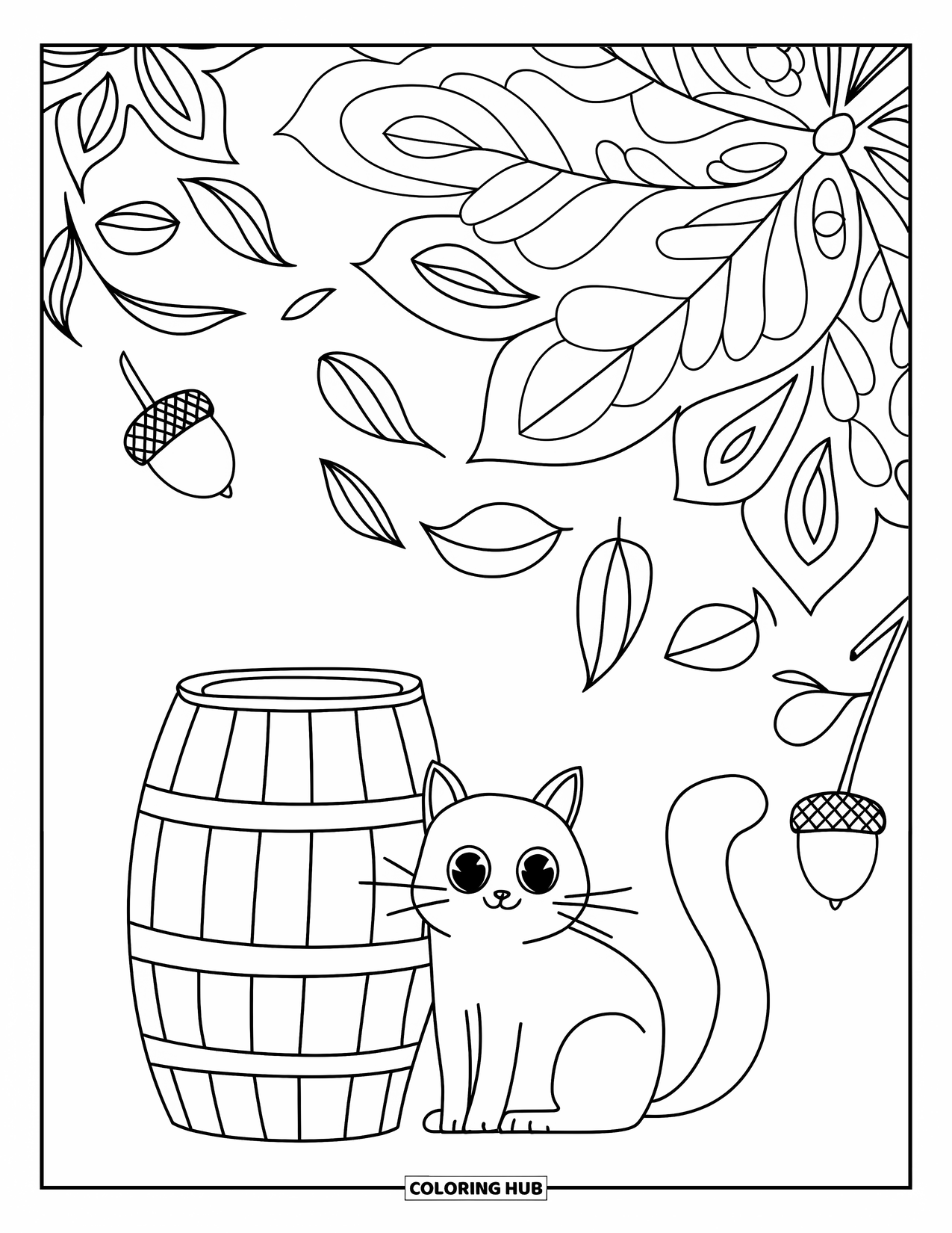 Fall Cat Coloring Page for Adults: A cat sits near a barrel with swirling mandala leaves and scattered acorns