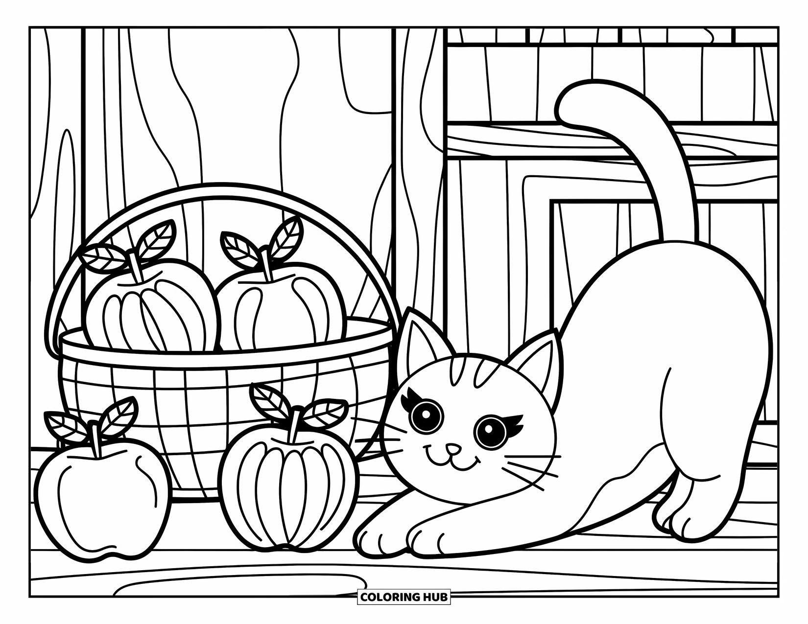 Fall Cat Coloring Page for Adults: A cat stretches beside a basket of patterned apples in a rustic room