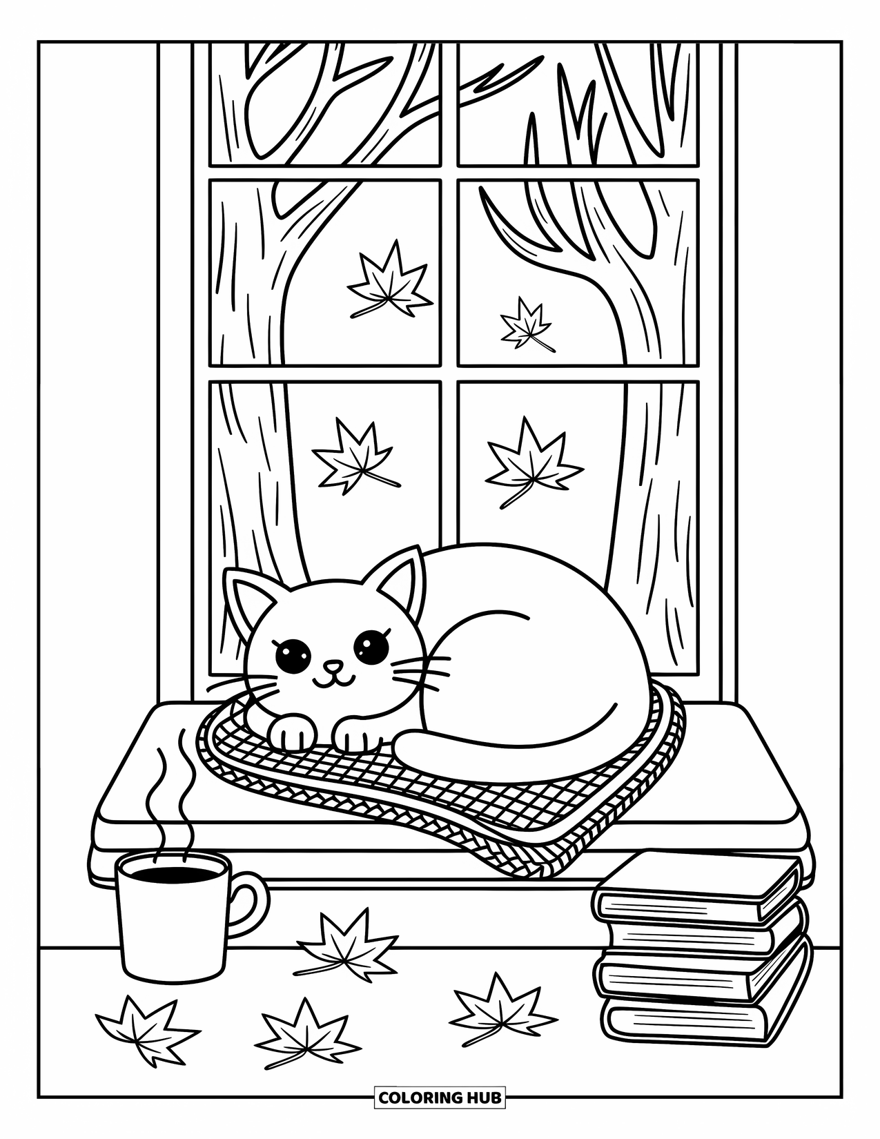Fall Cat Coloring Page for Adults: A cozy cat rests on a window seat with tea, books, and drifting fall leaves