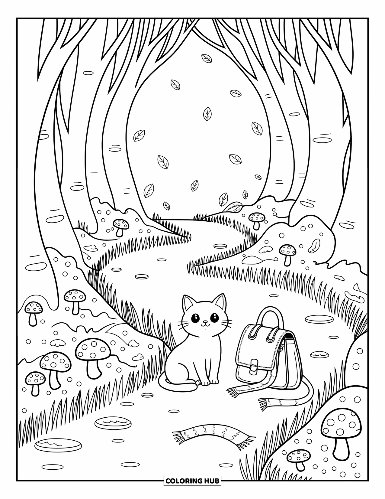 Fall Cat Coloring Page for Adults: A cozy cat rests under tall trees with a scarf spilling from a nearby bag