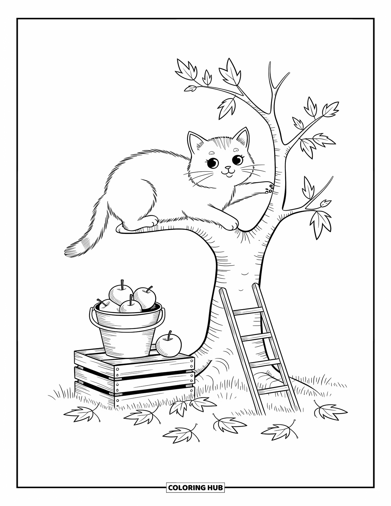 Fall Cat Coloring Page for Adults: A curious cat stands on a crate, reaching for the last leaves on a tree