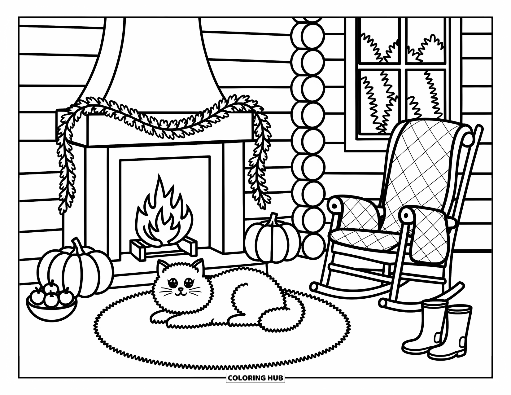 Fall Cat Coloring Page for Adults: A fluffy cat lounges by the fireplace with pumpkins and a garland of fall leaves