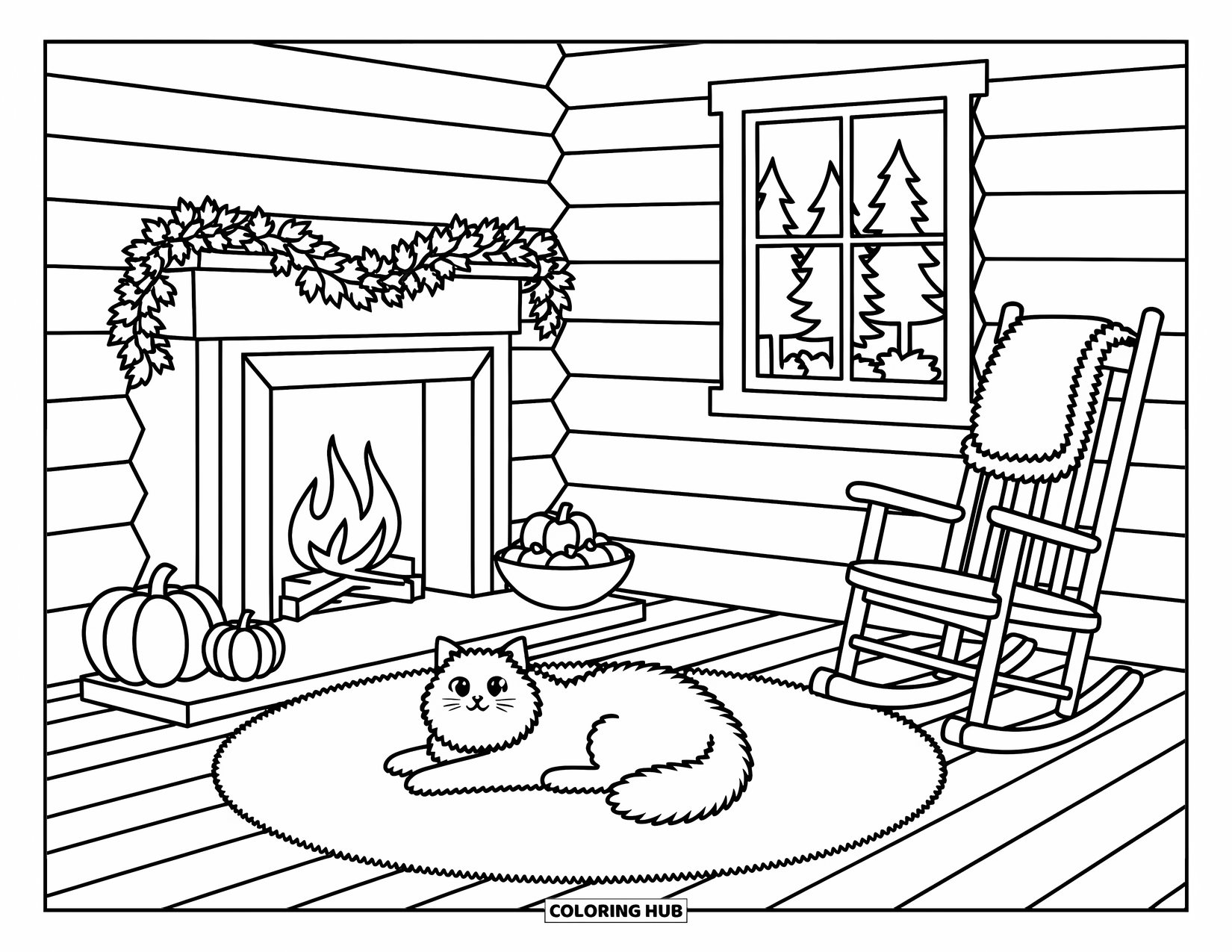 Fall Cat Coloring Page for Adults: A fluffy cat stretches near a crackling fire in a cabin with pumpkins and apples