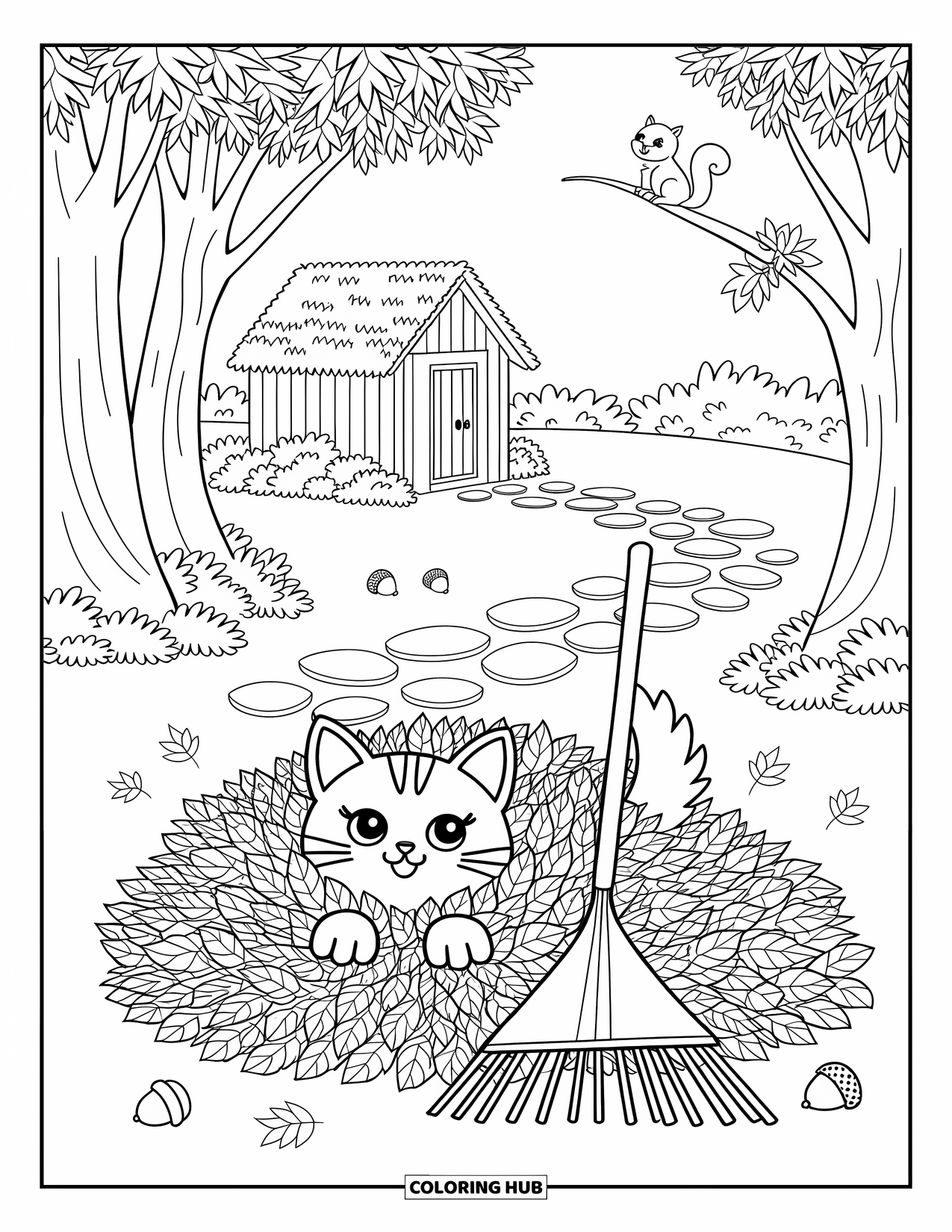 Fall Cat Coloring Page for Adults: A hidden cat peeks from a leaf pile with a rake and a tiny squirrel nearby