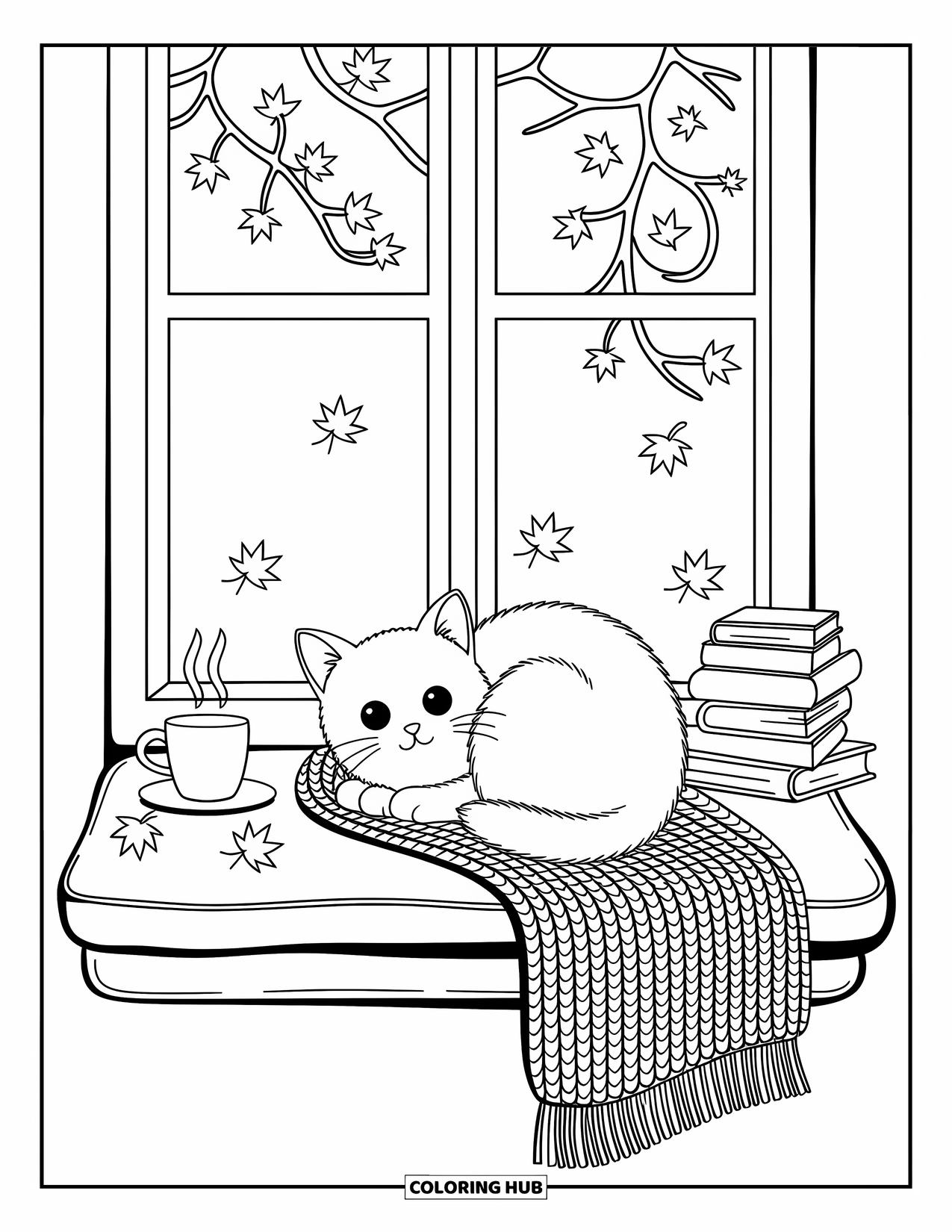 Fall Cat Coloring Page for Adults: A peaceful cat curls up by a window with a blanket, books, and falling leaves