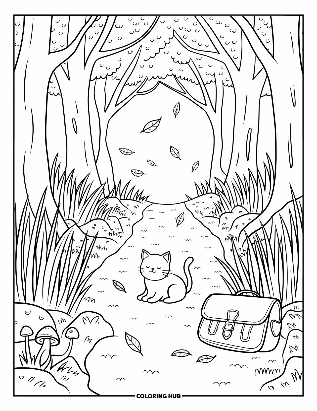 Fall Cat Coloring Page for Adults: A peaceful cat rests on a dirt trail under falling leaves and towering trees