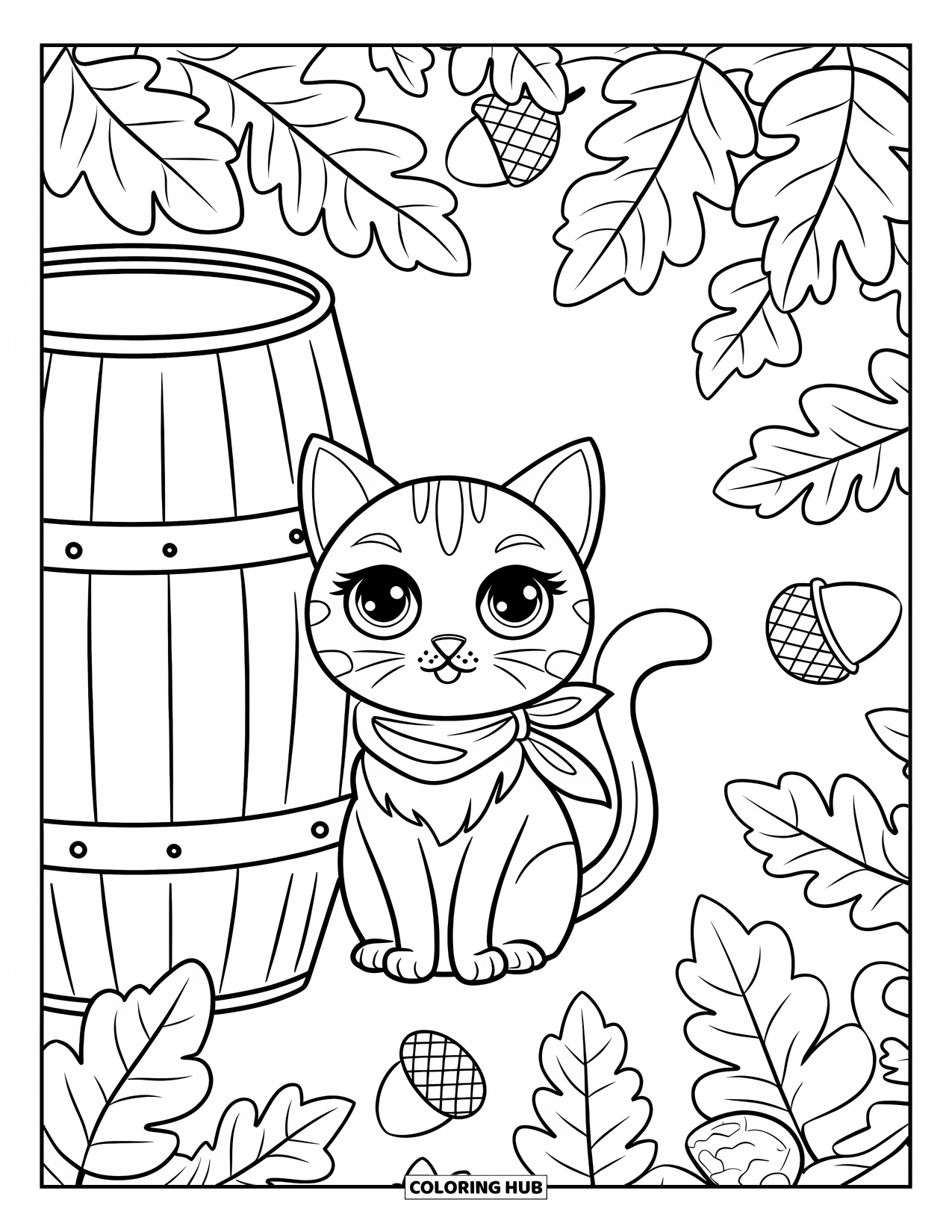 Fall Cat Coloring Page for Adults: A scarfed cat rests near a barrel surrounded by leaves and acorns